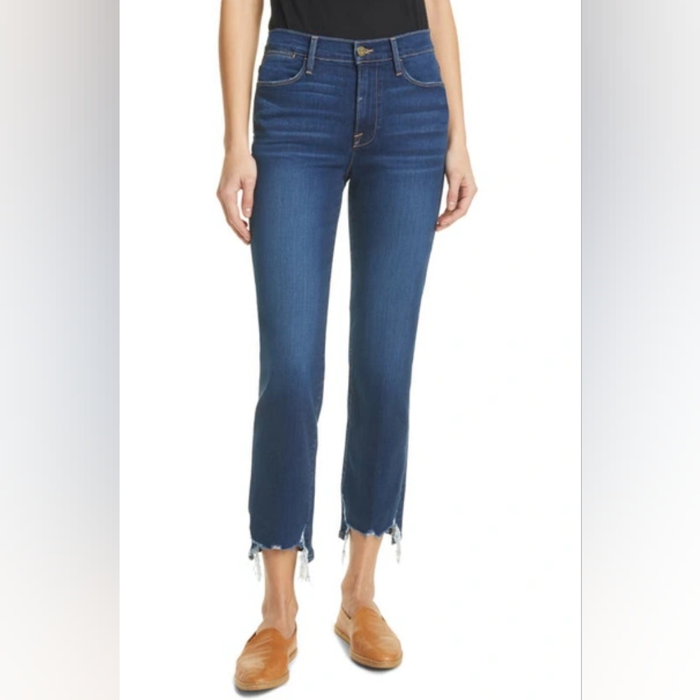 FRAME Denim Le High Chewed Hem Ankle Straight Jeans Dark Cobbert Rips Wash - 30*
